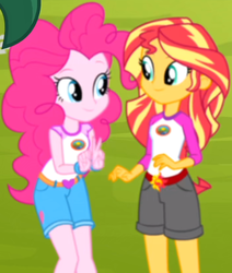 Size: 699x825 | Tagged: safe, screencap, pinkie pie, sunset shimmer, equestria girls, g4, my little pony equestria girls: legend of everfree, cropped, cute, diapinkes, peace sign, shimmerbetes