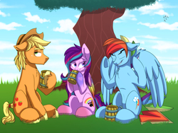 Size: 6000x4500 | Tagged: safe, artist:chub-wub, applejack, rainbow dash, oc, bird, g4, absurd resolution, applejack (male), cowboy hat, drink, eyes closed, freckles, hat, hoof hold, mug, rainbow blitz, rule 63, sitting, tree, underhoof