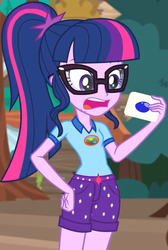 Size: 636x945 | Tagged: safe, screencap, sci-twi, twilight sparkle, equestria girls, g4, my little pony equestria girls: legend of everfree, camp everfree outfits, card, clothes, female, glasses, ponytail, solo