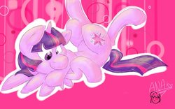 Size: 1024x640 | Tagged: safe, artist:thekatwoman, twilight sparkle, alicorn, pony, g4, cute, female, looking down, on back, solo, twiabetes, twilight sparkle (alicorn)