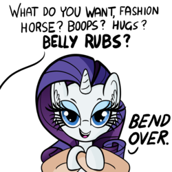Size: 1600x1600 | Tagged: safe, artist:cybersquirrel, rarity, human, pony, unicorn, g4, bedroom eyes, bend over, dialogue, female, hand, holding a pony, looking at you, offscreen character, pov, simple background, style emulation, what do you want, white background