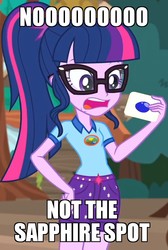 Size: 636x945 | Tagged: safe, edit, edited screencap, screencap, sci-twi, twilight sparkle, equestria girls, g4, my little pony equestria girls: legend of everfree, camp everfree outfits, caption, card, clothes, female, glasses, image macro, meme, ponytail, solo, tree