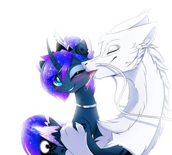 Size: 1280x1156 | Tagged: safe, artist:magnaluna, princess luna, oc, oc:zefiroth, dragon, alternate hairstyle, blushing, body markings, canon x oc, cheek fluff, chest fluff, claws, collar, colored pupils, colored wings, colored wingtips, couple, crown, curved horn, cute, ear fluff, embrace, eyes closed, eyeshadow, floppy ears, fluffy, galaxy mane, hair bun, jewelry, licking, lunabetes, makeup, male, multicolored wings, neck fluff, necklace, one eye closed, paws, regalia, shipping, simple background, smiling, straight, tongue out, white background