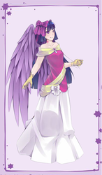 Size: 398x683 | Tagged: safe, artist:annemarijk, twilight sparkle, human, g4, clothes, coronation dress, dress, female, gloves, humanized, smiling, solo, twilight sparkle (alicorn), winged humanization