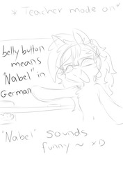 Size: 500x707 | Tagged: safe, artist:meowmavi, oc, oc only, oc:mavis, pony, belly button, german, monochrome, sketch, solo