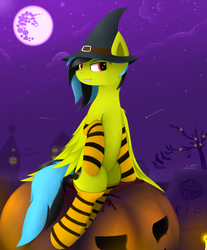 Size: 1350x1634 | Tagged: safe, artist:ssnerdy, oc, oc only, oc:here after, pegasus, pony, clothes, gravestone, halloween, hat, mare in the moon, moon, pumpkin, sitting, socks, solo, striped socks, witch hat