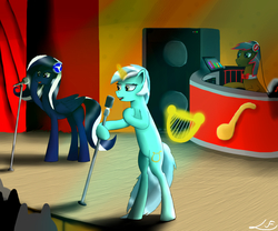 Size: 1926x1600 | Tagged: safe, artist:ssnerdy, lyra heartstrings, oc, pony, g4, bipedal, duo, lyre, musical instrument, singing, stage