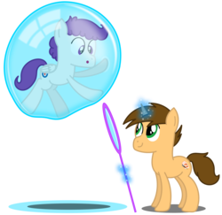 Size: 2495x2430 | Tagged: safe, artist:bladedragoon7575, oc, oc only, oc:bobby seas, oc:gloster meteor, pegasus, pony, unicorn, bubble, bubble wand, floating, high res, in bubble, magic, simple background, transparent background