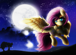 Size: 3000x2200 | Tagged: safe, artist:thetarkaana, fluttershy, firefly (insect), pony, g4, cloud, female, flying, full moon, high res, looking at you, moon, night, scenery, silhouette, solo, spread wings, starry night, stars, tree