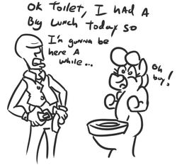 Size: 873x814 | Tagged: safe, artist:jargon scott, oc, oc only, oc:anon, oc:kohlette, human, object pony, original species, toilet pony, black and white, but why, dialogue, grayscale, monochrome, ponified, simple background, smiling, toilet, wat, white background