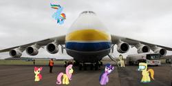 Size: 3000x1500 | Tagged: safe, apple bloom, doctor whooves, fluttershy, rainbow dash, time turner, twilight sparkle, pony, g4, antonov 225, hazmat suit, irl, male, photo, plane, ponies in real life, stallion