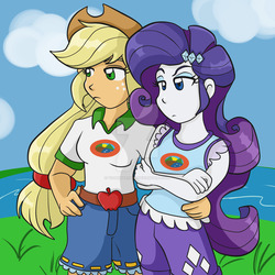 Size: 1024x1024 | Tagged: safe, artist:yoshimarsart, applejack, rarity, equestria girls, g4, my little pony equestria girls: legend of everfree, clothes, cowboy hat, denim, female, freckles, hat, lesbian, ship:rarijack, shipping, shorts, stetson, watermark