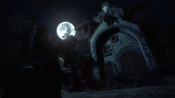 Size: 1920x1080 | Tagged: safe, artist:powdan, oc, oc only, oc:una cross slash, 3d, church, cloak, clothes, gmod, mare in the moon, moon, night, village