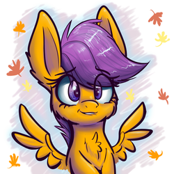 Size: 2500x2500 | Tagged: safe, artist:heir-of-rick, scootaloo, pegasus, pony, g4, abstract background, chest fluff, cute, cutealoo, ear fluff, eye clipping through hair, eyebrows, eyebrows visible through hair, female, filly, foal, high res, implied scootalove, leaves, lip bite, smiling, solo, spread wings, wings
