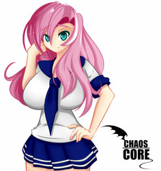 Size: 500x530 | Tagged: safe, artist:caoscore, fluttershy, human, g4, breasts, busty fluttershy, clothes, female, humanized, school uniform, simple background, solo, white background