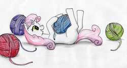 Size: 3257x1742 | Tagged: safe, artist:40kponyguy, derpibooru exclusive, sweetie belle, behaving like a cat, cute, diasweetes, female, happy, on back, simple background, solo, traditional art, yarn, yarn ball
