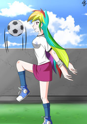 Size: 1024x1448 | Tagged: dead source, safe, artist:achaoticdotstar, rainbow dash, equestria girls, g4, anime, bouncing, clothes, converse, female, football, generic, gravity-defying breasts, human coloration, shiny, shoes, sneakers, socks, solo