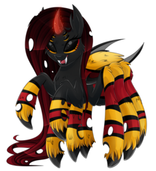 Size: 1093x1200 | Tagged: safe, artist:blackfreya, changeling, hybrid, spider, spiderling, double colored changeling, female, red changeling, simple background, solo, transparent background, yellow changeling