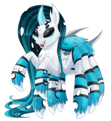Size: 1093x1200 | Tagged: safe, artist:blackfreya, oc, oc only, changeling, hybrid, monster pony, original species, spider, spiderling, spiderpony, blue changeling, double colored changeling, fangs, fluffy, glowing horn, horn, magic, male, open mouth, raised hoof, simple background, smiling, solo, transparent background, unshorn fetlocks, white changeling
