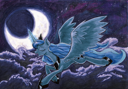 Size: 1920x1333 | Tagged: safe, artist:kittyhawk-contrail, princess luna, g4, cloud, crescent moon, female, flying, magic, moon, night, solo, traditional art