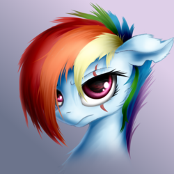 Size: 1600x1600 | Tagged: safe, artist:aurelleah, rainbow dash, g4, alternate timeline, alternate universe, apocalypse dash, bust, commission, crystal war timeline, female, frown, looking at you, portrait, scar, simple background, solo