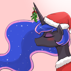 Size: 1000x1000 | Tagged: safe, artist:lumineko, princess luna, pony, g4, christmas, clothes, eyes closed, female, hat, horn, kissing, mare, mistletoe, mistletoe horn, santa hat, solo