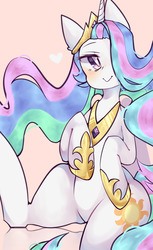 Size: 1178x1920 | Tagged: safe, artist:friskyfrisks, artist:ms-xana, princess celestia, alicorn, pony, g4, blushing, colored pupils, crown, cute, cutelestia, female, hair over one eye, heart, hoof shoes, jewelry, mare, pink background, regalia, simple background, solo
