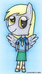 Size: 511x900 | Tagged: safe, artist:dachosta, derpy hooves, anthro, equestria girls, g4, clothes, cute, female, necktie, sandals, skirt, socks, socks with sandals, solo, wings