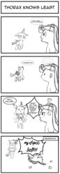 Size: 713x2070 | Tagged: safe, artist:chiptunebrony, dj pon-3, starlight glimmer, thorax, vinyl scratch, changeling, g4, to where and back again, 4koma, angry, black and white, comic, comic strip, disco ball, dots, grayscale, horrified, jaw drop, monochrome, shattered glass, shock, steam, sweat, sweatdrop, thought bubble, title, vein, wings