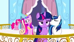 Size: 1920x1080 | Tagged: safe, screencap, pinkie pie, princess cadance, shining armor, twilight sparkle, pony, g4, the crystal empire, crystal empire, crystal palace, embarrassed, flugelhorn, horn, horn crystals, magic