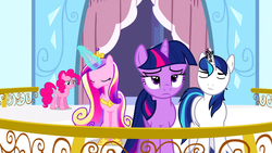 Size: 1920x1080 | Tagged: safe, screencap, pinkie pie, princess cadance, shining armor, twilight sparkle, pony, g4, the crystal empire, crystal empire, crystal palace, embarrassed, flugelhorn, horn, horn crystals, magic