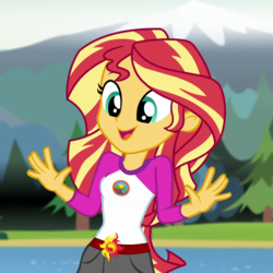 Size: 720x720 | Tagged: safe, screencap, sunset shimmer, equestria girls, g4, my little pony equestria girls: legend of everfree, cropped, cute, female, jazz hands, shimmerbetes, solo