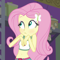 Size: 580x580 | Tagged: safe, edit, edited screencap, editor:ah96, screencap, fluttershy, equestria girls, g4, my little pony equestria girls: legend of everfree, adorasexy, belly button, blushing, camp everfree outfits, clothes, cropped, cute, female, midriff, shyabetes, solo, sports bra