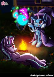 Size: 629x900 | Tagged: safe, artist:clouddg, starlight glimmer, trixie, pony, unicorn, g4, campfire, clothes, duo, female, fire, magic, mare, night sky, one eye closed, open mouth, trixie's cape, trixie's hat