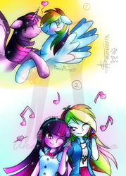 Size: 857x1200 | Tagged: safe, artist:shikimaakemi, rainbow dash, twilight sparkle, pony, equestria girls, g4, blushing, boop, cute, eyes closed, female, floppy ears, heart, lesbian, music, my little squishy, nose wrinkle, noseboop, obtrusive watermark, one eye closed, ship:twidash, shipping, smiling, spread wings, twilight sparkle (alicorn), watermark, wink