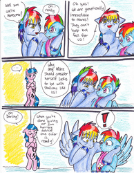Size: 2552x3296 | Tagged: safe, artist:tristanjsolarez, firefly, rainbow blaze, rainbow dash, pegasus, pony, comic:trans ponies, g1, g4, bipedal, clothes, colored pencil drawing, comic, crossed arms, crossed hooves, family, female, firefly as rainbow dash's mom, g1 to g4, generation leap, male, mare, rainbow blitz, rainbow dash's parents, rule 63, scarf, ship:fireblaze, shipping, stallion, straight, traditional art, transgender