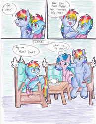 Size: 2552x3292 | Tagged: safe, artist:tristanjsolarez, firefly, rainbow blaze, rainbow dash, pegasus, pony, comic:trans ponies, g1, g4, blue background, chair, clothes, colored pencil drawing, comic, couch, cup, family, female, firefly as rainbow dash's mom, g1 to g4, generation leap, male, mare, rainbow blitz, rainbow dash's parents, rule 63, scarf, ship:fireblaze, shipping, simple background, sitting, stallion, straight, table, teacup, traditional art, transgender, trio
