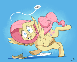 Size: 3000x2400 | Tagged: safe, artist:docwario, fluttershy, pegasus, pony, g4, accident, banana, banana peel, crossed legs, eep, falling, female, food, gritted teeth, high res, mare, slipping, solo, speech bubble, spread wings, surprised, wide eyes, wings