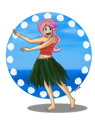 Size: 638x825 | Tagged: safe, artist:kprovido, fluttershy, human, g4, barefoot, belly button, clothes, cute, feet, female, flower, flower in hair, grass skirt, hawaiian flower in hair, hula, hula dance, hulashy, humanized, leaf skirt, looking at you, midriff, open mouth, shyabetes, skirt, smiling, solo, tube top