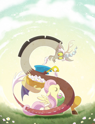 Size: 1300x1700 | Tagged: safe, artist:jgu112, discord, fluttershy, draconequus, pegasus, pony, g4, basket, duo, flower, smiling, spread wings, wings