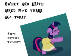 Size: 488x382 | Tagged: safe, screencap, twilight sparkle, pony, g4, sweet and elite, birthday, clothes, dancing, do the sparkle, dress, female, mare, meta, solo