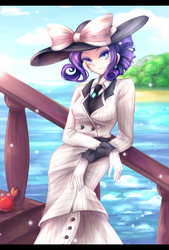 Size: 1000x1480 | Tagged: safe, artist:elaphine, rarity, skuttles the crab, crab, human, ppov, beautiful, clothes, costume, dress, ear piercing, earring, female, hat, humanized, jewelry, looking at you, ocean, piercing, raristocrat, rose dewitt bukater, smiling, solo, titanic
