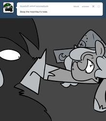Size: 666x761 | Tagged: safe, artist:egophiliac, princess luna, oc, oc:stardust (egophiliac), moonstuck, g4, boop, cartographer's cap, filly, grayscale, hat, monochrome, moonitaur, smiling, woona, woonoggles, younger
