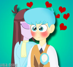 Size: 3408x3128 | Tagged: safe, artist:cyber-murph, bright idea, velvet sky, equestria girls, g4, background human, blushing, brightsky, cheek kiss, clothes, eyes closed, freckles, heart, high res, kissing, male, shipping, signature, smooch, straight, techies