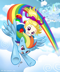 Size: 1101x1313 | Tagged: safe, artist:j8d, rainbow dash, g4, cloud, cloudsdale, crossover, cute, duo, flying, rainbow brite, rainbow trail, sky