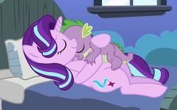 Size: 1231x767 | Tagged: safe, artist:twifight-sparkill, spike, starlight glimmer, g4, bed, cute, male, ship:sparlight, shipping, snuggling, straight