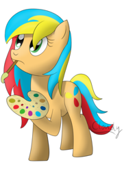 Size: 1300x1800 | Tagged: safe, artist:cloudy95, oc, oc only, oc:primary strike, earth pony, pony, female, mare, mouth hold, paint palette, paintbrush, simple background, solo, transparent background