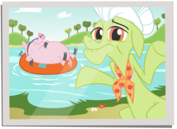 Size: 10000x7300 | Tagged: safe, artist:mpnoir, granny smith, earth pony, pig, pony, every little thing she does, g4, .svg available, absurd resolution, female, inner tube, lake, mare, photo, picture, shrug, vector