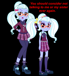 Size: 2020x2240 | Tagged: safe, artist:xebck, sugarcoat, equestria girls, g4, /mlp/, black background, clothes, don't talk to me or my son ever again, glasses, high heels, high res, human paradox, leggings, mary janes, meme, pigtails, pleated skirt, shoes, simple background, skirt, socks, twintails, younger