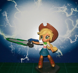 Size: 850x797 | Tagged: safe, applejack, equestria girls, g4, clothes, doll, equestria girls minis, eqventures of the minis, female, gn sword, mobile suit gundam 00, skirt, solo, sword, toy, weapon